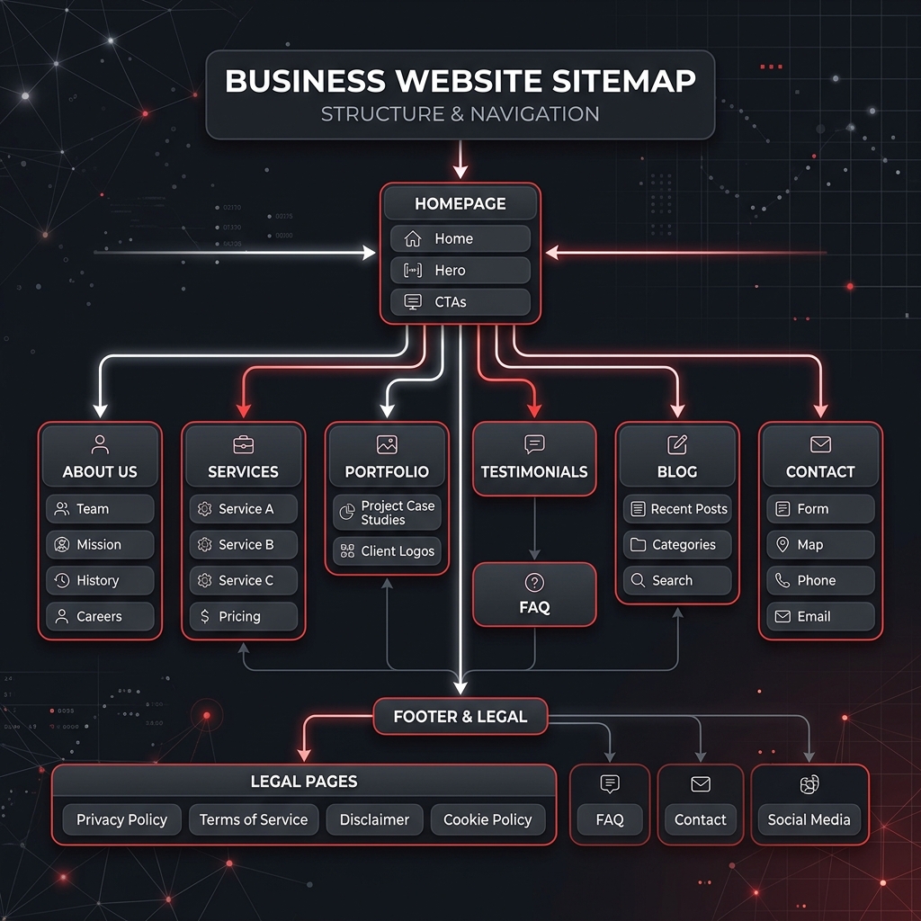 Must-Have Pages Every Business Website Should Have - sitemap wireframe diagram representing the page structure for small business websites